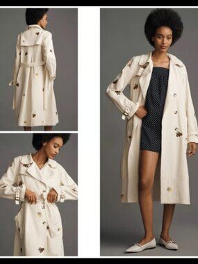 NWT Anthropologie Maeve Bees Bee Honey Bees Embroidered Trench Coat - Size M